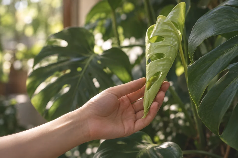 A hand gently holds a new leaf as it unfolds.