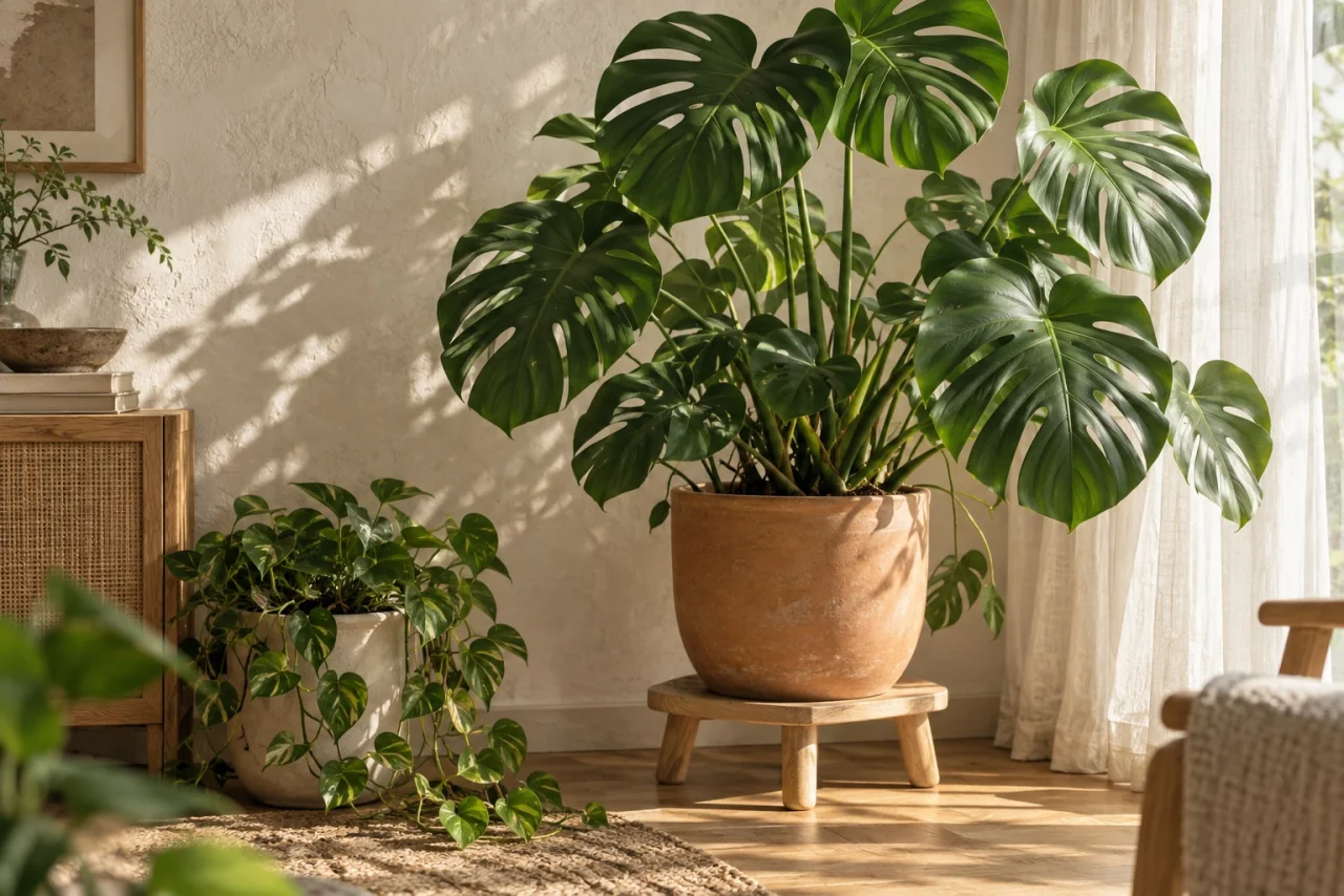 Sunlight falls across a monstera and a trailing pothos in a quiet home garden.